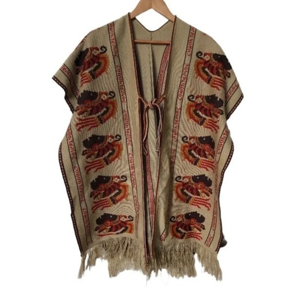 Vintage Mexican Cuauhtemoc Eagle Warrior Poncho Tan Fringed Aztec Wrap Tie Front